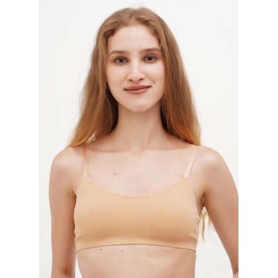 Жіночий підтримуючий топ в рубчик на тонких регульованих бретельках бежевий