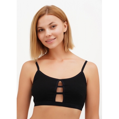 Жіночий топ на тонких нерегульованих бретельках в рубчик чорний