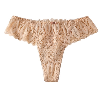 Женские кружевные стринги с бантиком бежевые